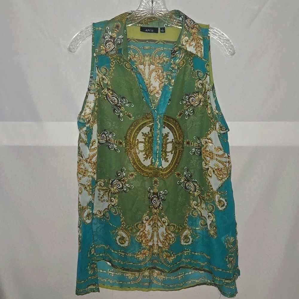 Blouse, Apt 9, Sleeveless, Sheer, Halter with collar, Blue, Green, Buttons, Lg,